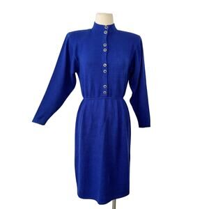 St. John Knit Vintage Sheath Sweater Dress Long Sleeves Pleated-Front Blue Sz 6